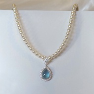 S925 Silver Aquamarine Shijia Pearl Necklace Female Spring Summer All-Match High-End Zircon Pendant Light Luxury New Style Jewelry Girl Necklace iu Cute Jewelry Wear Matching Accessories Gift Jewelry