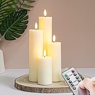 Flickering Flameless Pillar Candles with Remote Control and Cycle Timer,Ivory Pack of 4 Battery Oper