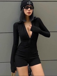 Jum đùi tay dài cài nút ôm màu đen đơn giản jum mặc đi tắm biển cổ V đồ bộ bơi liền thân chất thun