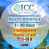 ICC eSIM - North America (USA,Canada,Mexico) 3-90 Days Unlimited* 5G Data + Locall Call/Int'l Call