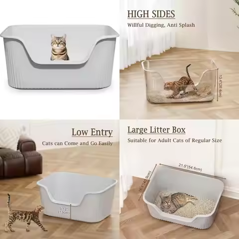 Large Cats Litter Box with High Sides - 21.5x16.1x10.4 Inches, Easy Clean, Open Top, Anti-Scatter fo