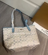 COACH 經典老花托特包 淺藍配色 帆布配皮革 全新
