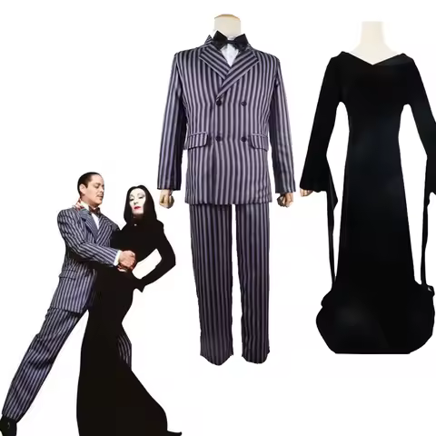 Gomez Addams Cosplay Anime Morticia Costume Dress Halloween Carnival Outfit Adult Kid Coat Shirt Pan