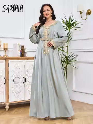Fashion Pearls Muslim O Neck Women Evening Dress In Stock Party Cocktail A-line Prom Elegant Abaya C