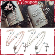 WIN White Rosary Catholic Necklace Catholic Necklace Crystal Pink-Pearl Long Chain