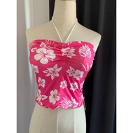 Floral Print Halter Neck Top With Folded Chest Wavy Edge