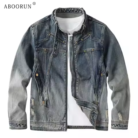 ABOORUN Men's Retro Patchwork Hole Denim Jackets Motorcycle Coats for Male