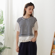[CUMAR] Round Neck Striped Patchwork Top Blue Purple