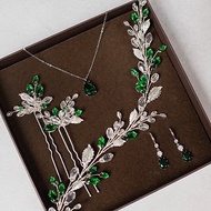 Emerald bridal jewelry set, Wedding hair wreath, Bride dark green earrings