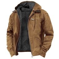 Jaket Lelaki Musim Sejuk Berbulu Gaya Vintage Warna Solid dengan Zip, Jaket Berhud Lelaki Lengan Pan