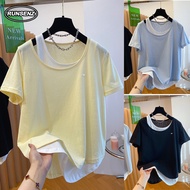 M-4XL Korean Faux Two-piece Blouse Women Plus Size Short Sleeve Yellow Tshirt