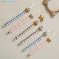 SEPTEMBER Baby Cloth Pacifier Chain, Embroidery Bear Soother Holder, Cute Lattice Adjustable Teether