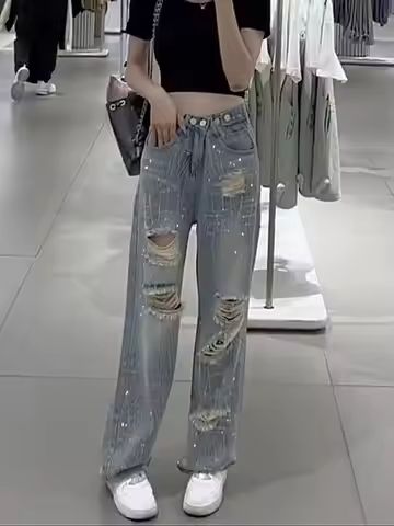 Female Cowboy Pants with Rhinestones Women's Torn Jeans High Waist Shot Wide Leg Trousers Summer Uni