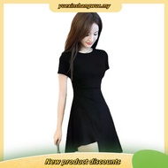 Hepburn Style Women Short Sleeve Irregular Dress Solid Color Causal Dress