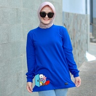 Kaos Biru Elektrik Wanita Lengan Panjang Atasan Muslimah Jumbo XXL HIjab Style OOTD