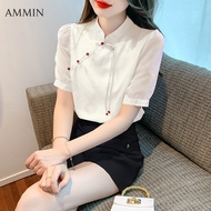 AMMIN summer new cheongsam disc button Chinese-style jacquard bubble sleeve chiffon shirt womens round neck three-dimensional embroidery floral short sleeve elegant blouse