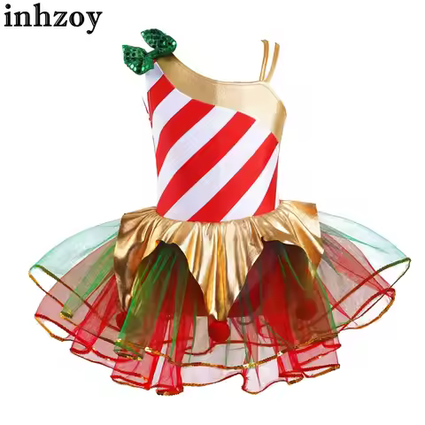 Kids Girls Stripes Print Sequins Christmas Costume Candy Cane Santa Claus Ice Skating Dance Leotard 