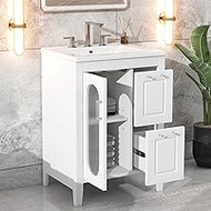 CuisinSmart White Bathroom Vanity 24 Inch with Top and Sink,Modern Single Sink Vanity Cabinet with 2 Drawers and Glass Door,Free Standing Bathroom Vanities Without Faucet 18.3" D x 24" W x 33.2" H