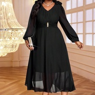 Autumn And Winter Elegant Party Wedding Cocktail Party V Neck 3D Rose Bishop Sleeve A Line Dress Plu