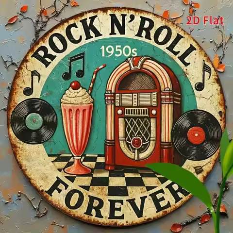 RetroCraft Vintage Wall Art 1950s Rock N Roll Decor Metal Jukebox Guitar Car 2D Flat Aluminum Decor 
