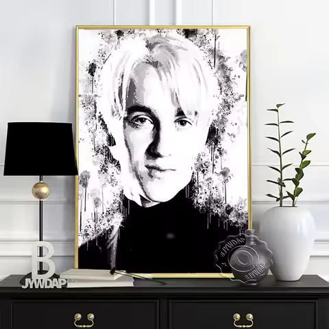 Draco Malfoy Fictional Character Poster, Black White Handsome Men Image Watercolor Canvas Painting,