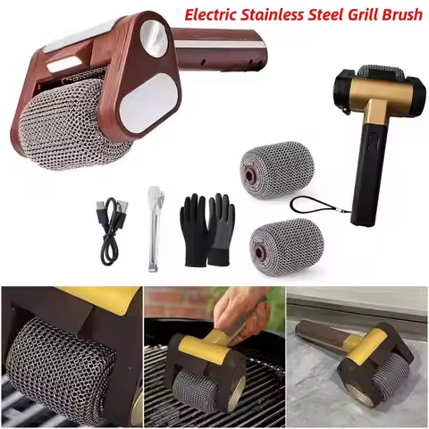 Rechargeable Electric Stainless Steel Roller Grill Cleaner Brush,Replaceable Brush Heads,Home Cleani