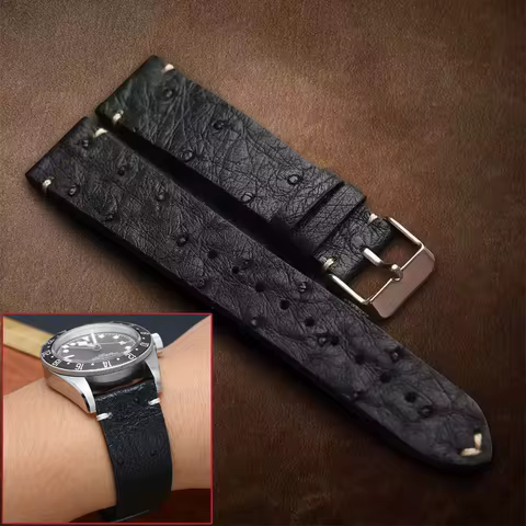 Handmade Vintage Ostrich skin thin leather watchband men For any brand strap 18mm 20mm 22mm Watch ba
