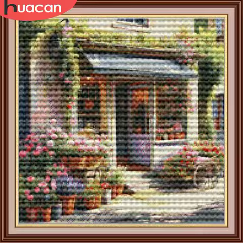 HUACAN Cross Stitch Kit Store Landscape Embroidery Flower Hobby Craft Dmc Threads 11Ct Picture Print