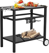 Dining Cart,Outdoor Grill Cart with Double-Shelf,with 4 Hooks, Side Handle,Wheels,Cooking Table for Outdoors, Kitchen or Backyard Patio, Movable BBQ Trolley,Multifunctional and Commercial (Black)