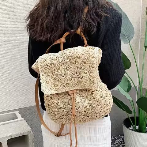 Straw Backpack for Women Design Casual Woven Rattan Travel Bagpack Beach Holiday Style Female Knit D