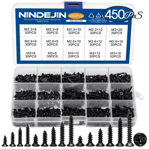 450/1200pcs Cross Flat Head Tapping Screws Kit M1.2 M1.4 M1.5 M1.7 M2 M2.3 M2.6 M3 Carbon Steel Blac