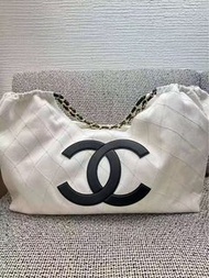 Chanel 26m Coco beach tote bag shopping small size white blue demin 細號購物袋 托特包 牛仔布 白色 淺藍色 康鵬 cambon