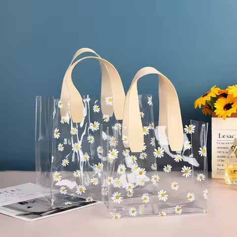 Brand New PVC Clear Tote Bag Handle Little Daisy Transparent Shopping Bags Transparent Waterproof St