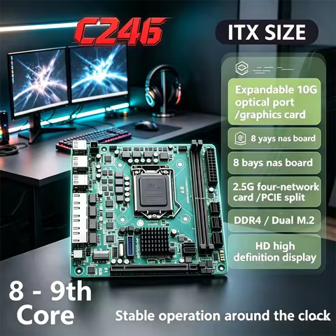 C246 ITX NAS Motherboard Support 8th/9th Core CPU I3-9100 8 SATA 3.0 4*I226 2.5G 2*M.2 NVME 2*DDR4 P