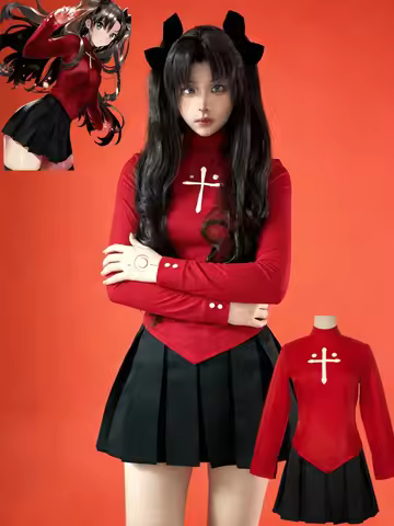 Anime Tohsaka Rin Cosplay Costume Red Shirt Skirt Women Halloween Christmas Dress Wig Cos Convention