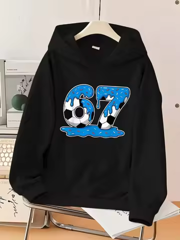 Trend Dazzle Color Boys Soccer Style Number 67 Print Black Hooded Hoodie Personality Graffiti Fleece