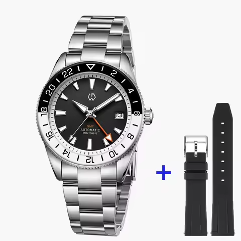 WISHDOIT New NH34 Men's Sports Automatic Mechanical GMT Sapphire Stainless Steel Waterproof 15 ATM W