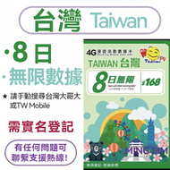 開心電訊 - 【台灣】8日 全速高速丨電話卡 上網咭 sim咭 丨實名登記 無限數據 網絡共享 5G/4G網絡全覆蓋 丨