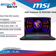 MSI Katana 15 B13VEK-046MY Gaming Laptop - 15.6" FHD IPS 144HZ / I7-13620H / 16GB(8X2) DDR5 / 1TB G4X4 SSD + 1S / RTX4050 6GB GDDR6 / W11 / 2YR + 1ST ITW / ESSENTIAL BP / 2.25 KG / BLACK / KATANA /)