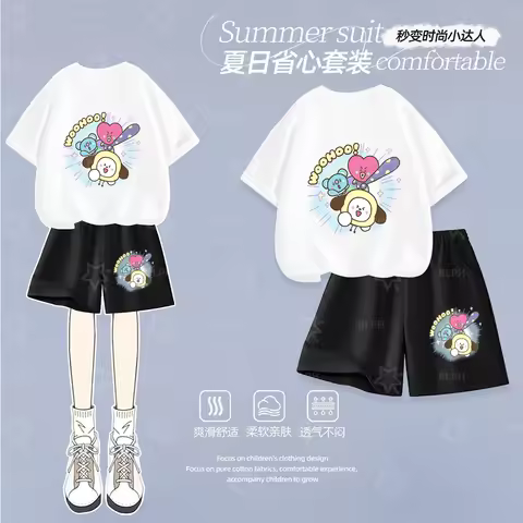 Cute Pink Bunny BTS-Inspired Kids T-Shirt Set, Adorable Cartoon Design for Girls, Soft and Comfortab
