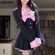 ชุดเดรสแฟชั่นสไตล์เกาหลีสำหรับผู้หญิง VONDA ชุดเดรสซันเดรสทรงเอแขนยาวสีตัดกันติดโบว์ชุดกระโปรงแบบสั้