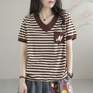 【 100% Cotton】Art Retro T-shirt 2024 Summer New Womens V-neck Short sleeve Loose Slimming Casual Str