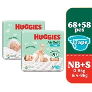 HUGGIES Airsoft Newborn baby Diapers NB 68s + S 58s