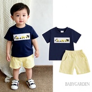 6M-4Y Toddler Baby Boy Set Tractor Embroidery Short Sleeve T-shirt + Striped Shorts Summer Outfit