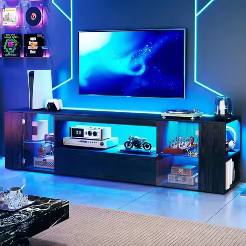 LED-lit 75 TV Stand, Modern Wooden Entertainment Center with 5 Open Shelves & 2 Storage Drawers for 