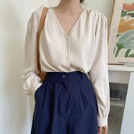 Bishop Sleeve Button Front Blouse,Fall Clothes,Back To School Clothes Preppy Tops Long Sleeve Top