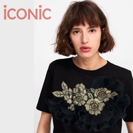 iCONiC GOLD ROSES T-SHIRT #4846 เสื้อยืด สีดำ ปัก ดอกกุหลาบ สีทอง 3มิติ แต่ง ระบายพลีท เสื้อยืดผญ เส