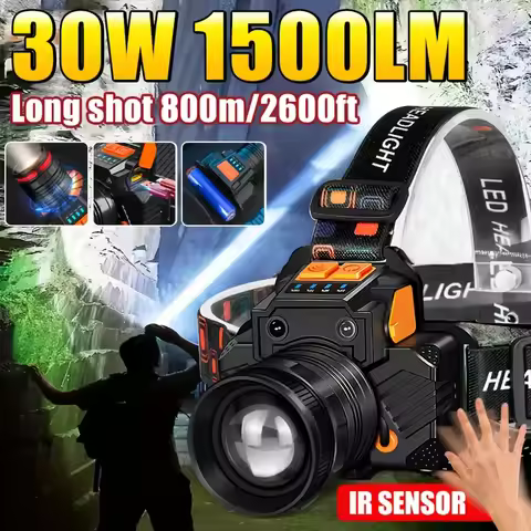 Ultra-Bright 30W LED Headlamp – 800m Range, Motion Sensor, USB Rechargeable – Perfect for Camping, F