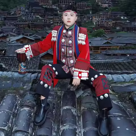 Lunastar Hmong Costume Men's Miao Clothing Set Handmade Ethnic Style Red Garment Top Pant Coat Cospl