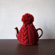麻花紋毛球針織保溫茶壺罩 (茶壺套)・紅色